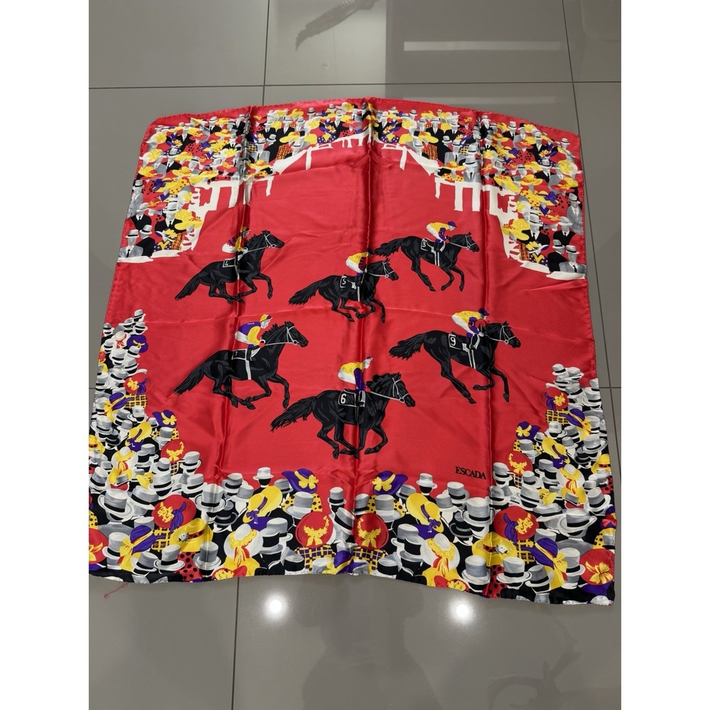 ESCADA Silk Scarf Multicolor Rare Equestrian Horse Race Vintage